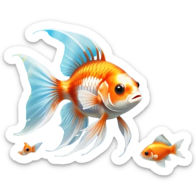 Large aquarium fish like veil tails and lionhead goldfish swimming gracefully in a beautifully decorated aquarium. Colorful aquatic plants, smooth rocks, and gentle bubbles surround the fish. The water shimmers in sunlight, creating a peaceful and vibrant underwater scene. Transparent background. sticker