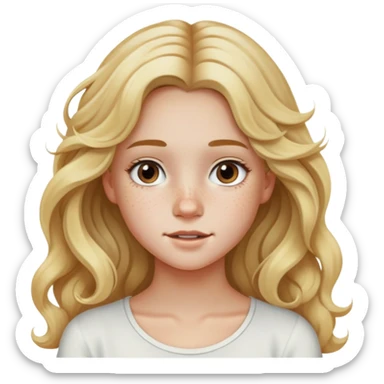 teenage girl with long wavy blonde hair, freckles, white top sticker