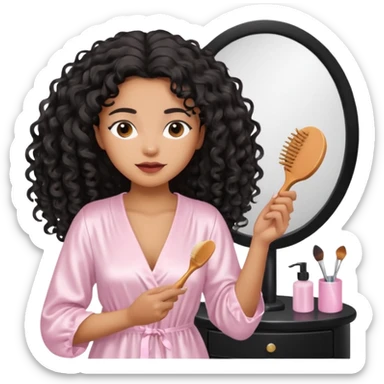 Mixed-race woman with caramel skin, wearing a white satin nightgown, brushing her long black curly hair in front of a pastel pink vanity sticker