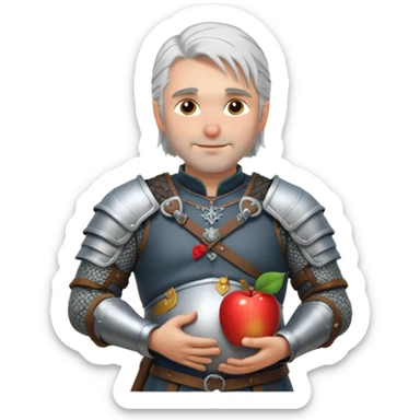 Geralt of Rivia holding pregnant belly, silver hair, medieval armor, gentle smile, Apple emoji style sticker