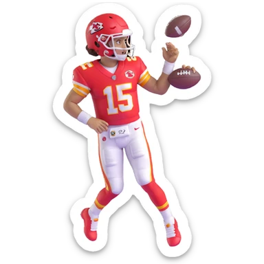 Patrick Mahomes, Kansas City Chiefs quarterback with curly hair, football uniform sticker