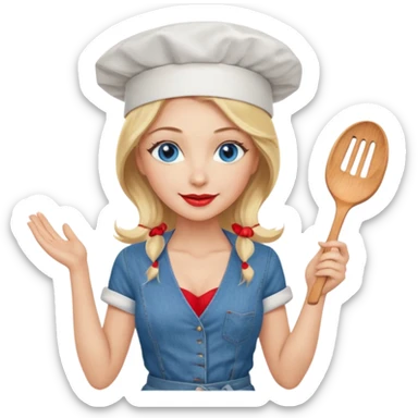 Beautiful, sexy,  long blonde hair, blue eyed, full red lips plunging v neck shirt, denim shorts, chef hat  sticker