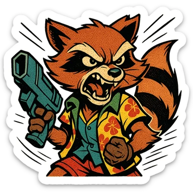 Rocket Raccoon Marvel Rivals summer skin, comic book style, angry face, no background, based on attached reference sticker