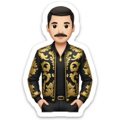 man with slicked-back dark hair and a mustache, wearing a black and gold ornate patterned jacket over a black shirt, hands in pockets, standing confidently sticker