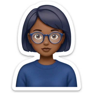 A girl with dark blue sweather, short hair and circilar glasses sticker