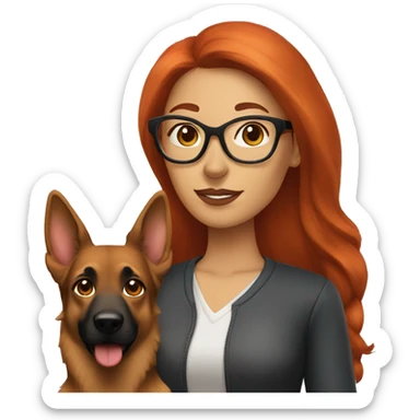 woman with long red hair wearing glasses with german shepherd dog sticker
