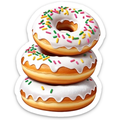 Cinematic fluffy donuts, perfectly golden and dusted with powdered sugar, vibrant icing with sprinkles, stacked in a playful arrangement, soft glowing highlights, warm and inviting. sticker