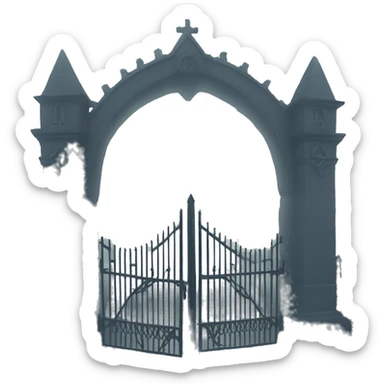 Haunting foggy graveyard gate at noon, light fog sticker