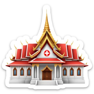 Traditional Thai hospital with pointed roof architecture, red cross symbol, ornate details, with traditional Thai architectural elements sticker