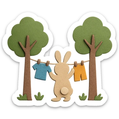 bunny hanging laundry between trees, calming domestic forest feel, paper craft style, high quality, no imperfections sticker