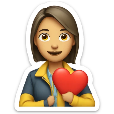 A female teacher in a yellow jacket holds a heart in her hands sticker