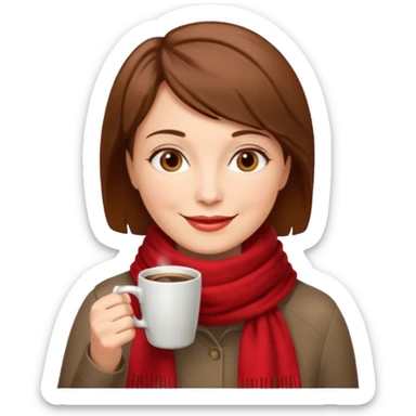 a middle age woman with brown short hair, having red scarf, drink coffee, enjoy sticker