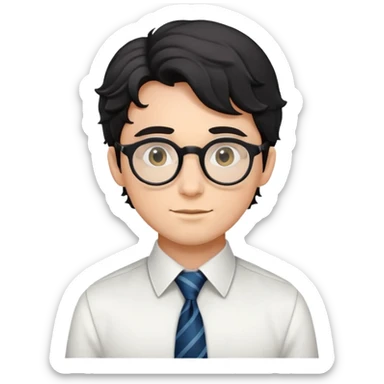 Young man with black wavy hair, round glasses, dressed for theater in smart casual outfit with dress shirt and tie sticker