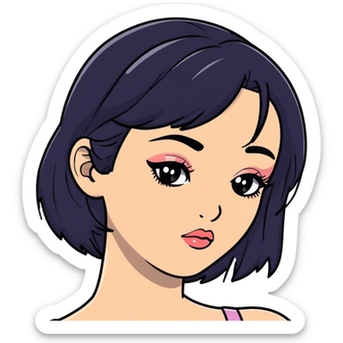 pretty girl with black hair, fair skin, makeup, and eyeliner sticker