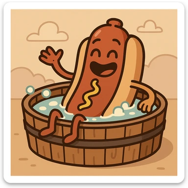 adorable hotdog with arms and legs enjoying a hot tub, cheerful cartoon illustration sticker