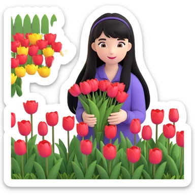 girl with long black hair and thin bangs, gathering tulips in a garden sticker