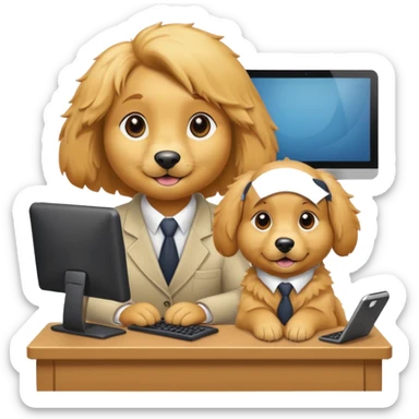 golden retriever receptionist emoji, with a computer and phone on the desk, approachable look sticker
