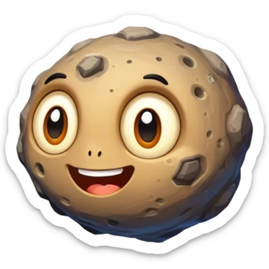 A smiling asteroid with large, expressive eyes (not too big). Comic-style with bright colors and bold lines. Floating through space with a glowing, playful trail. Cartoonish, cheerful, and friendly vibe. sticker