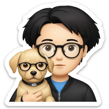 A Chinese black haired boy with black glasses holding one Labrador Retriever sticker