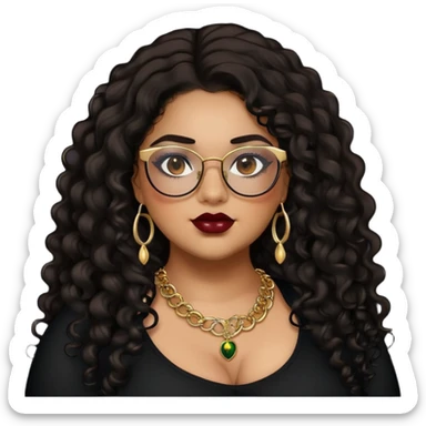 teen big plus size, latina, darker tan skin, gold jewelry, long black curly hair, baddie,pretty, makeup, dark red lipgloss, black eyeliner, long hair, black top, black glasses sticker