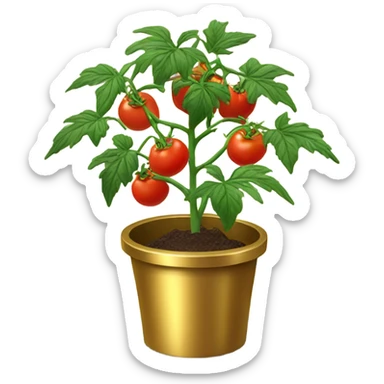 Tomato plant with tomatoes on in a gold pot sticker