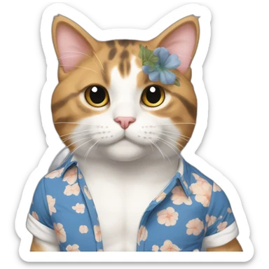 Purradise Meowscles is a buff calico cat  he has a mullet, a floral designed t shirt that is unbuttoned and blue and white stripped shorts sticker
