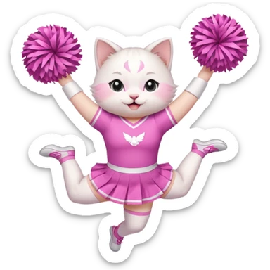 A cute chubby white kitten cheerleader in pastel uniform jumping in cheer pose. sticker