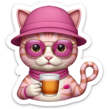 Pink cat with hat, holding cup of tea, wearing sunglasses sticker