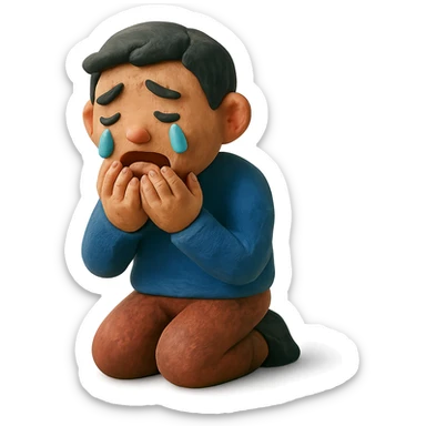 claymation style sad Asian man kneeling, crying sticker