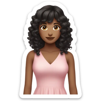 Fair skinned woman with long black curly hair and bangs and dark brown eyes, wearing a pastel pink dress sticker