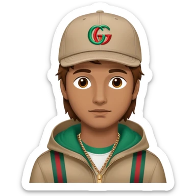man with medium-length brown hair, wearing a Gucci cap sticker