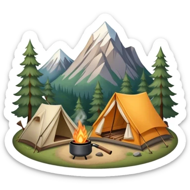 Icon for Hiking: a tent, and a kettle over a campfire, surrounded by trees and a mountain trail, a backpack, a walking stick. The icon should capture the adventure and warmth of camping. Transparent background. sticker