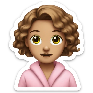Green eyed girl with brown wavy hair with a pink dressing gown on and a facemask sticker