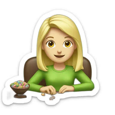 Girl with blonde hair sitting at a desk wrapping chocolate candies with solid green background sticker