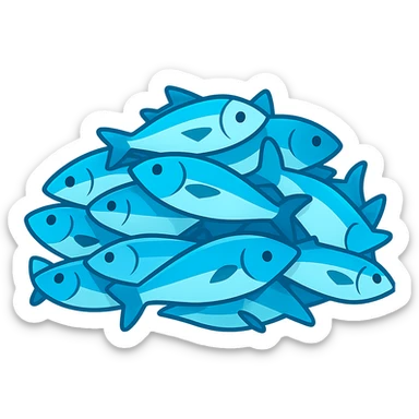 Create a large pile of blue fish in emoji style, variation 2. The image should resemble apple style emojis with concise details and vibrant blue colors, with a different variation in arrangement or shading from the base and variation 1 versions. sticker