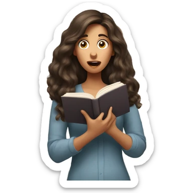 brunette long wavy hair woman shocked face while holding and reading book sticker