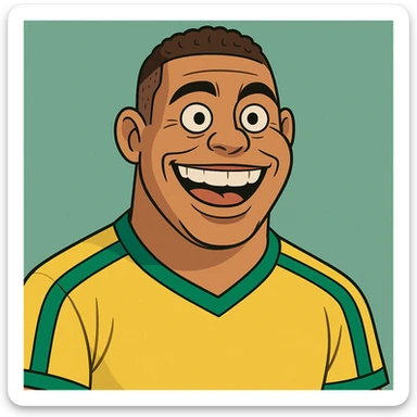 cartoon illustration of Ronaldo Fenômeno, close-up portrait, big smile, Brazil colors sticker
