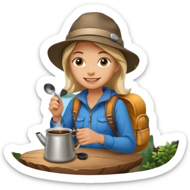 A cheerful female camper brewing coffee in a small metal pot sitting sticker