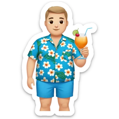 chubby guy full figure in a flowered azure havai shirt, brown shorts and flippers holding a cocktail sticker
