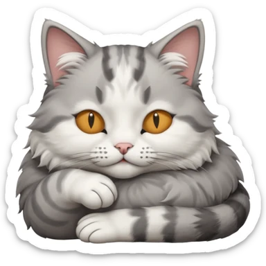 grey and white small cat with eyes closed lying down with its head resting own paw sticker