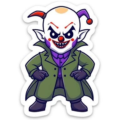 evil clown warrior, bald, small black horns on forehead, fangs, pointed ears, eye patch over one eye, long coat over black and military green leisure suit with bellbottom pants, tail, holding a whip, no knife, realistically proportioned, less bulky, full body visible, battle-ready fighting posture sticker