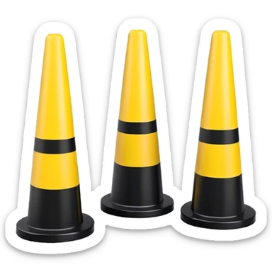 Two conical traffic bollards with a caution tape stretched between them, marking a restricted or blocked area sticker