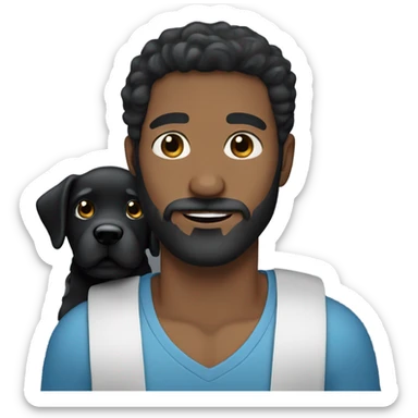 Black hair man with blue eyes beard and mustache holding black Labrador  sticker