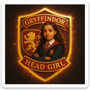 A badge for the head girl of Gryffindor, featuring a confident young witch in Gryffindor robes, a lion icon, and the house's signature red and gold colors, with a magical glow. sticker