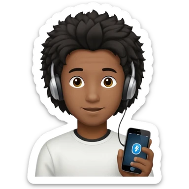 Faça um garoto adolescente de cabelo cacheado preto médio sorrindo, com fones de ouvido Bluetooth e um moletom branco sticker