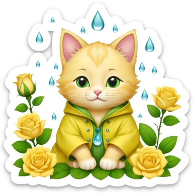 A soft green kitten with raindrop patterns, a rose tucked behind one ear, wearing a yellow raincoat, sitting among blooming flowers. sticker