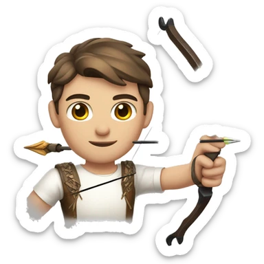 a male archer with a bow, wearing a white shirt, very short brown hair, bright skin, only show upper part of the body from waist up sticker