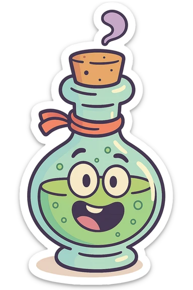 whimsical potion bottle, flat vector style, playful design, bright colors, smooth edges sticker