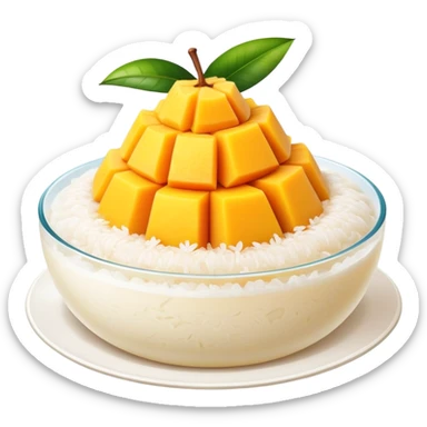 cinematic-realistic-mango-sticky-rice-dessert-emoji,-showcasing-sweet-sticky-rice out of a mould-paired-with-ripe-mango-slices-and-coconut-milk-rendered-with-lifelike-detail-and-warm,-inviting-lighting with the coconut  milk over the rice sticker