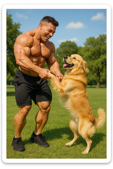 Bodybuilder che balla con un golden retriever sticker